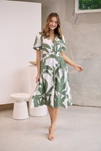 Load image into Gallery viewer, Gianna Leaf Green/White Palm Print Button Front Belted Midi Dress