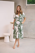 Load image into Gallery viewer, Gianna Leaf Green/White Palm Print Button Front Belted Midi Dress