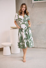 Load image into Gallery viewer, Gianna Leaf Green/White Palm Print Button Front Belted Midi Dress