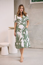 Load image into Gallery viewer, Gianna Leaf Green/White Palm Print Button Front Belted Midi Dress