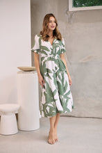 Load image into Gallery viewer, Gianna Leaf Green/White Palm Print Button Front Belted Midi Dress