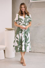 Load image into Gallery viewer, Gianna Leaf Green/White Palm Print Button Front Belted Midi Dress