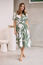 Load image into Gallery viewer, Gianna Leaf Green/White Palm Print Button Front Belted Midi Dress
