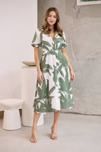 Load image into Gallery viewer, Gianna Leaf Green/White Palm Print Button Front Belted Midi Dress