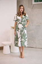 Load image into Gallery viewer, Gianna Leaf Green/White Palm Print Button Front Belted Midi Dress