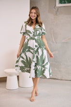 Load image into Gallery viewer, Gianna Leaf Green/White Palm Print Button Front Belted Midi Dress