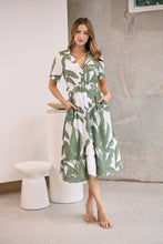 Load image into Gallery viewer, Gianna Leaf Green/White Palm Print Button Front Belted Midi Dress