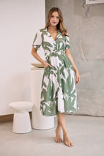 Load image into Gallery viewer, Gianna Leaf Green/White Palm Print Button Front Belted Midi Dress