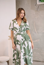 Load image into Gallery viewer, Gianna Leaf Green/White Palm Print Button Front Belted Midi Dress