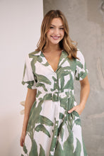 Load image into Gallery viewer, Gianna Leaf Green/White Palm Print Button Front Belted Midi Dress