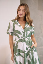 Load image into Gallery viewer, Gianna Leaf Green/White Palm Print Button Front Belted Midi Dress