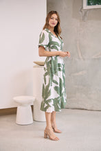 Load image into Gallery viewer, Gianna Leaf Green/White Palm Print Button Front Belted Midi Dress