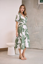 Load image into Gallery viewer, Gianna Leaf Green/White Palm Print Button Front Belted Midi Dress