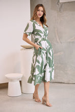 Load image into Gallery viewer, Gianna Leaf Green/White Palm Print Button Front Belted Midi Dress
