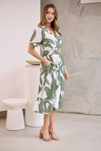 Load image into Gallery viewer, Gianna Leaf Green/White Palm Print Button Front Belted Midi Dress