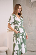 Load image into Gallery viewer, Gianna Leaf Green/White Palm Print Button Front Belted Midi Dress