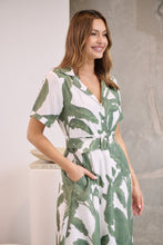 Load image into Gallery viewer, Gianna Leaf Green/White Palm Print Button Front Belted Midi Dress