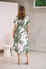 Load image into Gallery viewer, Gianna Leaf Green/White Palm Print Button Front Belted Midi Dress
