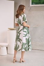 Load image into Gallery viewer, Gianna Leaf Green/White Palm Print Button Front Belted Midi Dress