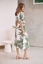 Load image into Gallery viewer, Gianna Leaf Green/White Palm Print Button Front Belted Midi Dress