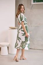 Load image into Gallery viewer, Gianna Leaf Green/White Palm Print Button Front Belted Midi Dress