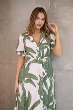 Load image into Gallery viewer, Gianna Leaf Green/White Palm Print Button Front Belted Midi Dress