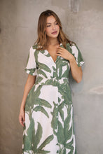 Load image into Gallery viewer, Gianna Leaf Green/White Palm Print Button Front Belted Midi Dress