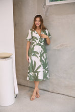Load image into Gallery viewer, Gianna Leaf Green/White Palm Print Button Front Belted Midi Dress