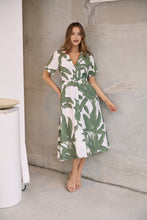 Load image into Gallery viewer, Gianna Leaf Green/White Palm Print Button Front Belted Midi Dress