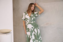 Load image into Gallery viewer, Gianna Leaf Green/White Palm Print Button Front Belted Midi Dress