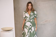 Load image into Gallery viewer, Gianna Leaf Green/White Palm Print Button Front Belted Midi Dress
