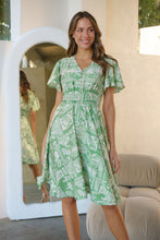 Load image into Gallery viewer, Carina Green Cream Nature Print Short Sleeve Dress