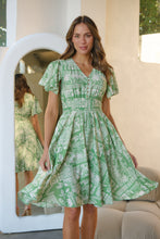 Load image into Gallery viewer, Carina Green Cream Nature Print Short Sleeve Dress