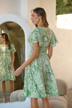 Load image into Gallery viewer, Carina Green Cream Nature Print Short Sleeve Dress