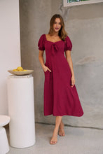 Load image into Gallery viewer, Lulu Tie Front Wine Midi Dress