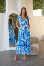 Load image into Gallery viewer, Augustina Button Blue White Bold Print Maxi Dress