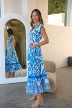 Load image into Gallery viewer, Augustina Button Blue White Bold Print Maxi Dress