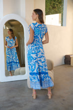 Load image into Gallery viewer, Augustina Button Blue White Bold Print Maxi Dress
