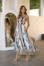 Load image into Gallery viewer, Tracey White/Black/Brown Print Sleevless Faux Linen Dress
