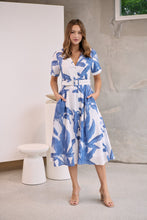 Load image into Gallery viewer, Gianna Leaf Blue/White Palm Print Button Front Belted Midi Dress