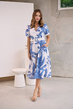 Load image into Gallery viewer, Gianna Leaf Blue/White Palm Print Button Front Belted Midi Dress