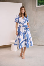 Load image into Gallery viewer, Gianna Leaf Blue/White Palm Print Button Front Belted Midi Dress