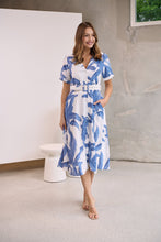 Load image into Gallery viewer, Gianna Leaf Blue/White Palm Print Button Front Belted Midi Dress