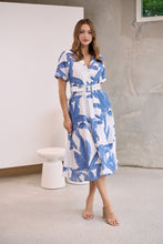 Load image into Gallery viewer, Gianna Leaf Blue/White Palm Print Button Front Belted Midi Dress