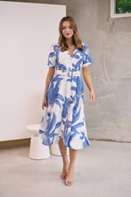 Load image into Gallery viewer, Gianna Leaf Blue/White Palm Print Button Front Belted Midi Dress