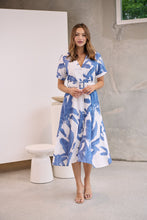 Load image into Gallery viewer, Gianna Leaf Blue/White Palm Print Button Front Belted Midi Dress