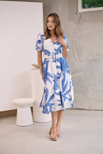 Load image into Gallery viewer, Gianna Leaf Blue/White Palm Print Button Front Belted Midi Dress