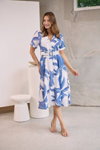 Load image into Gallery viewer, Gianna Leaf Blue/White Palm Print Button Front Belted Midi Dress