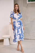 Load image into Gallery viewer, Gianna Leaf Blue/White Palm Print Button Front Belted Midi Dress