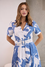 Load image into Gallery viewer, Gianna Leaf Blue/White Palm Print Button Front Belted Midi Dress